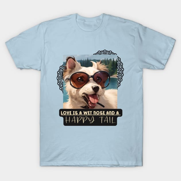 Love is a wet nose and a HAPPY TAIL (dog wears glasses) T-Shirt by PersianFMts